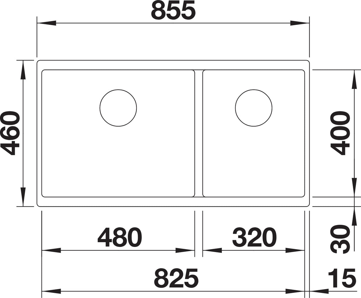 Blanco Subline 480/320-U Silgranit – schéma technique : vue de dessus