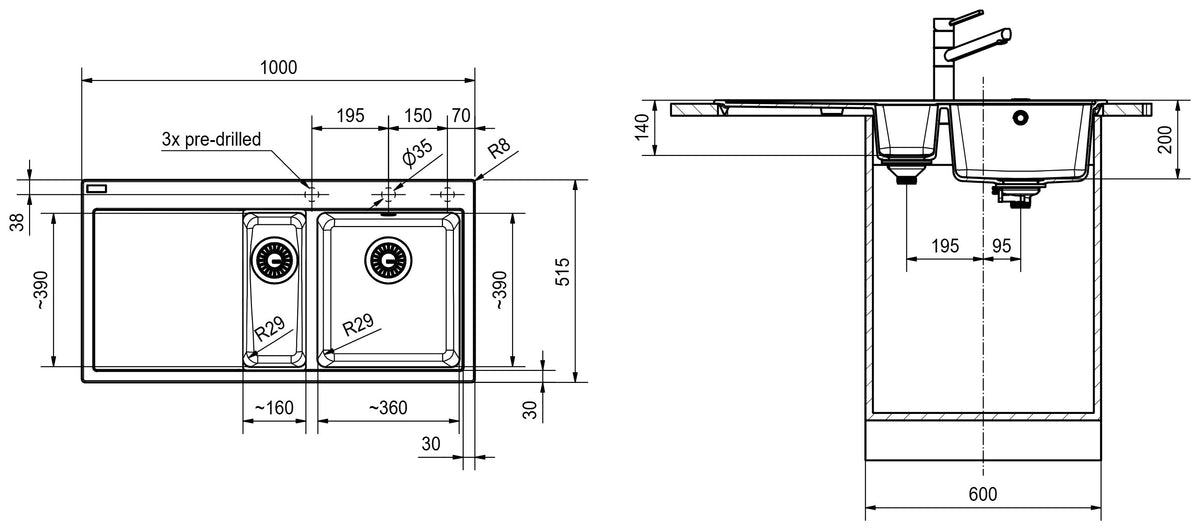 Franke Mythos Fragranite MTG651-100 – schéma technique : vue de dessus et coupe d'installation
