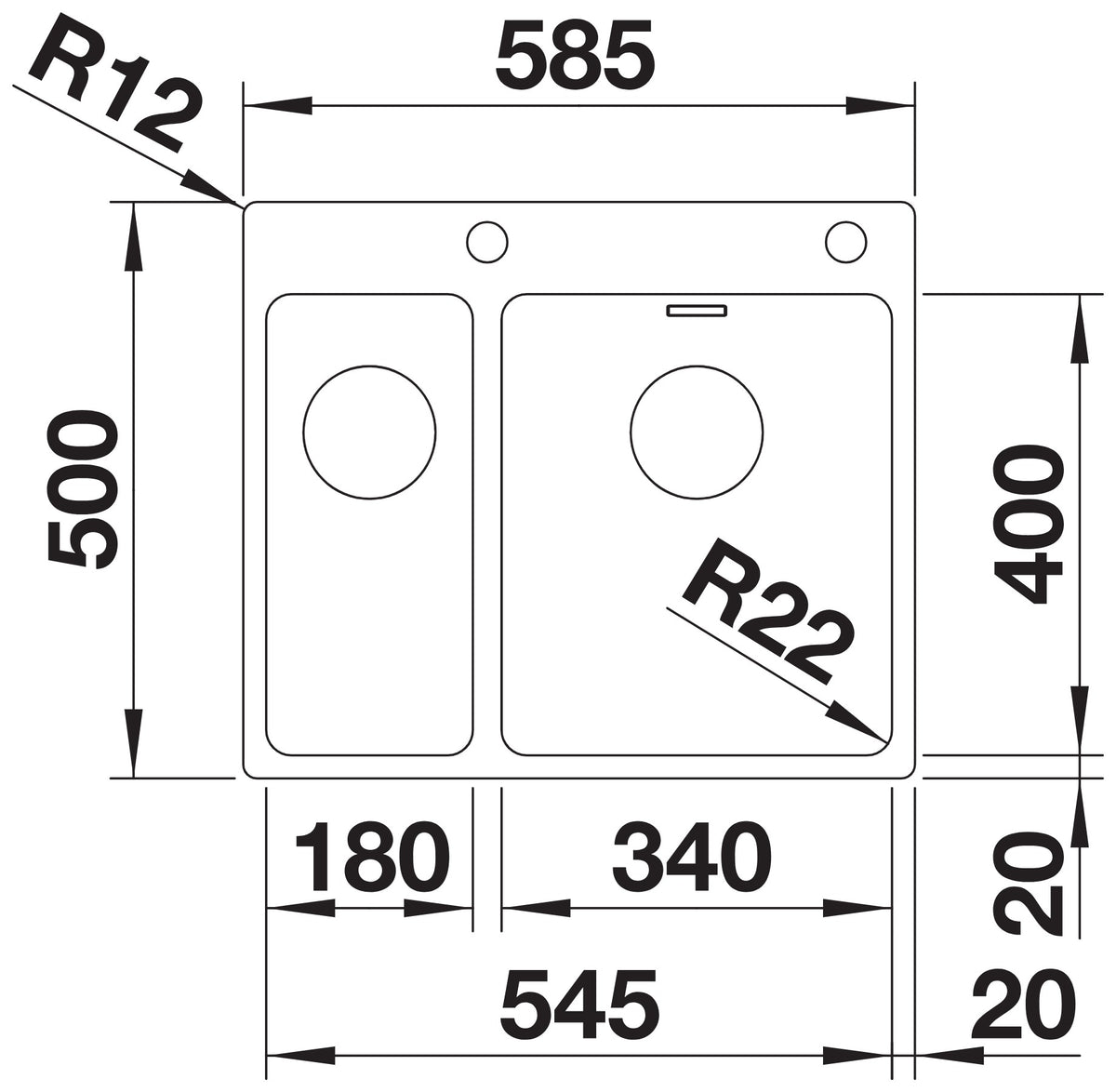 Schéma vue de dessus et dimensions de l'évier Blanco Andano 340/180-IF/A
