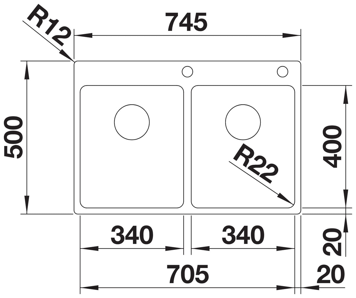 Schéma vue de dessus et dimensions de l'évier Blanco Andano 340/340-IF/A