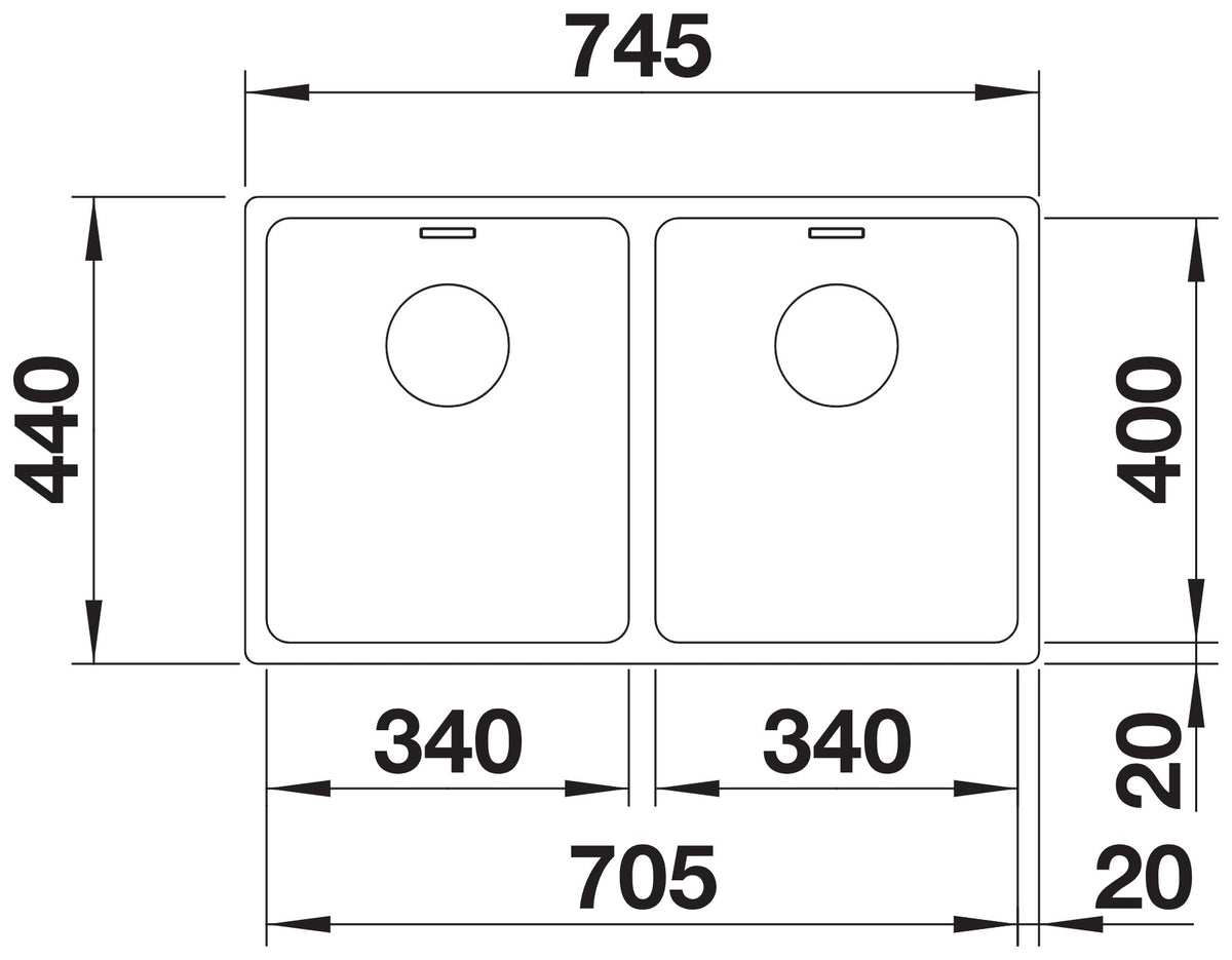Blanco Andano 340/340-IF Inox InFino – schéma technique : vue de dessus