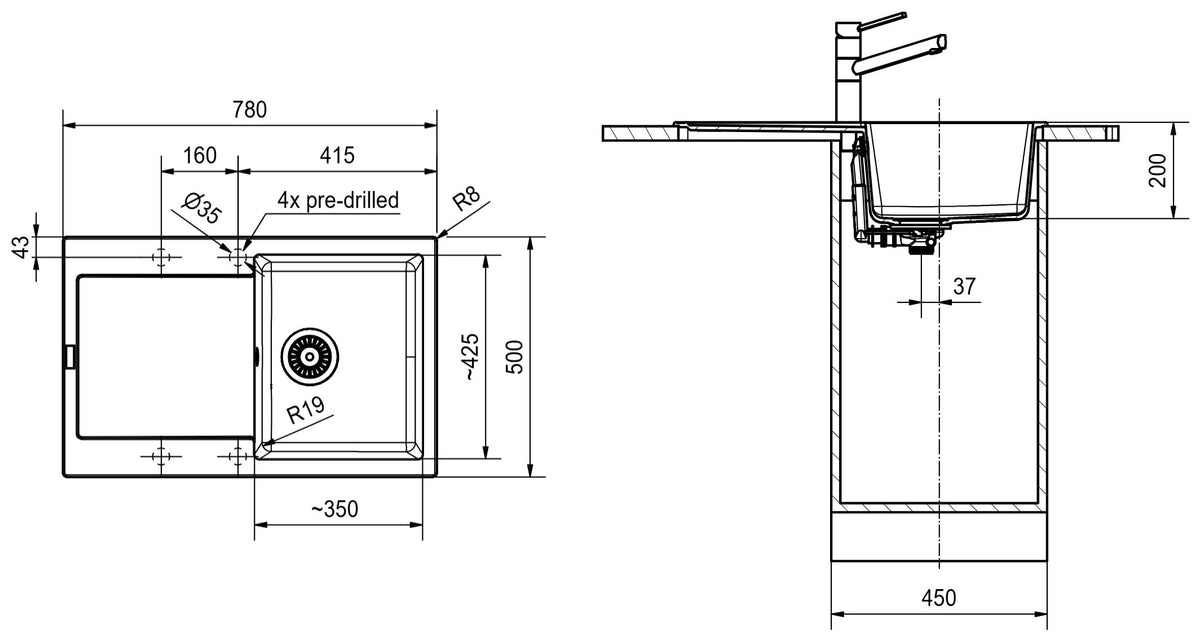 Franke Maris Fragranite MRG611-78 – schéma technique : vue de dessus et coupe d'installation