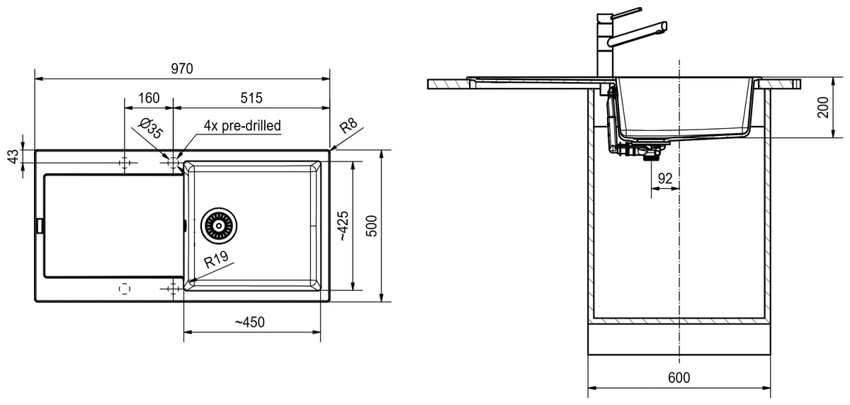Franke Maris Fragranite MRG611-97 – schéma technique : vue de dessus et coupe d'installation