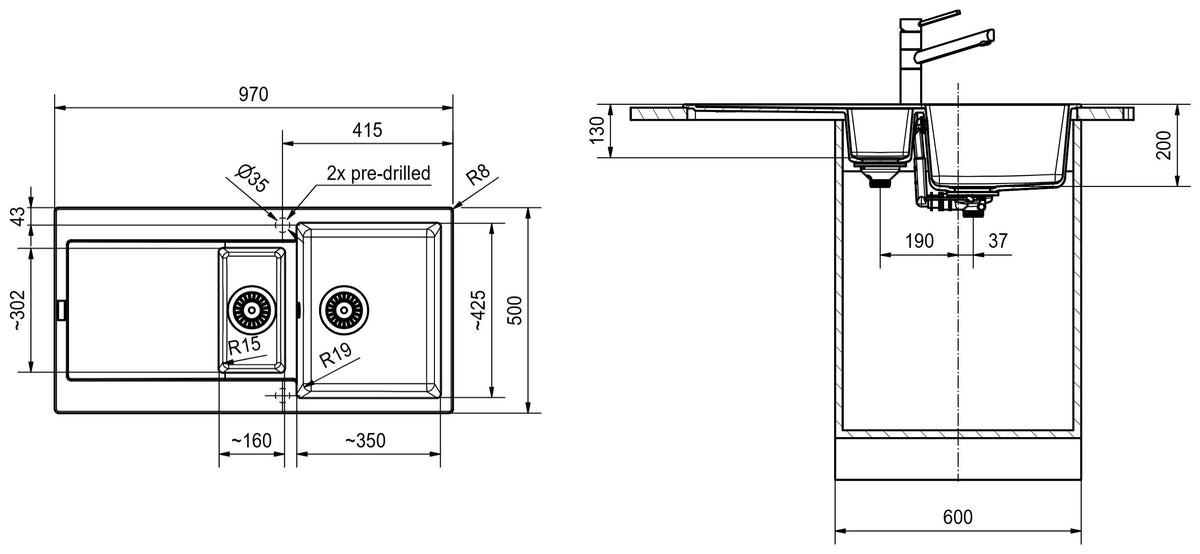 Franke Maris Fragranite MRG651 – schéma technique : vue de dessus et coupe d'installation