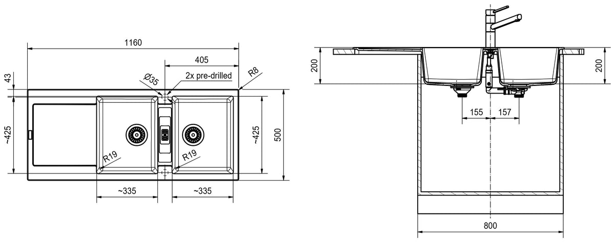 Franke Maris Fragranite MRG621 – schéma technique : vue de dessus et coupe d'installation