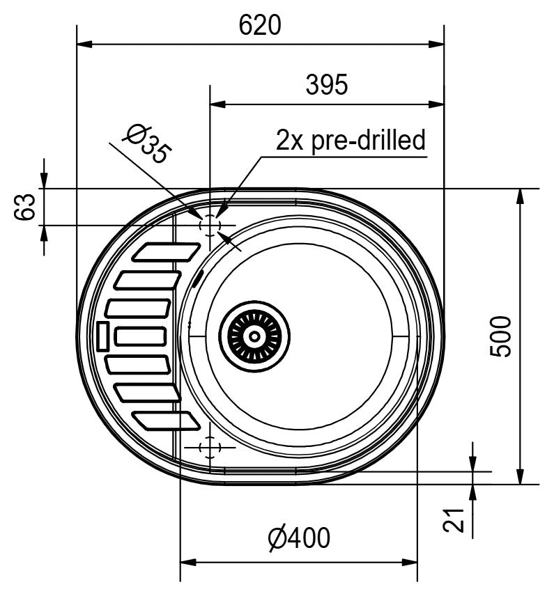 Franke Rotondo Fragranite ROG611-62 – schéma technique : vue de dessus