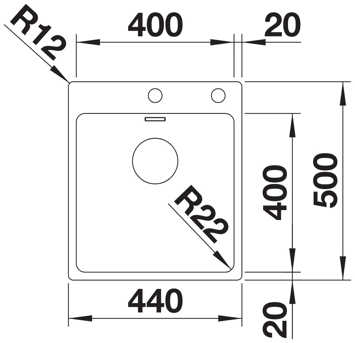 Schéma vue de dessus et dimensions de l'évier Blanco Andano 400-IF/A