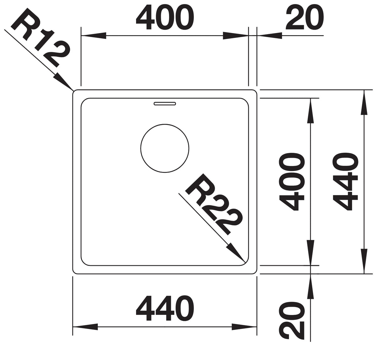 Blanco Andano 400-IF Inox InFino – schéma technique : vue de dessus