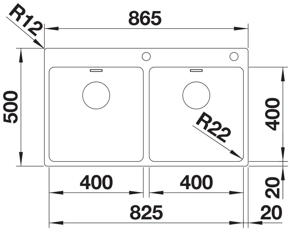 Schéma vue de dessus et dimensions de l'évier Blanco Andano 400/400-IF/A