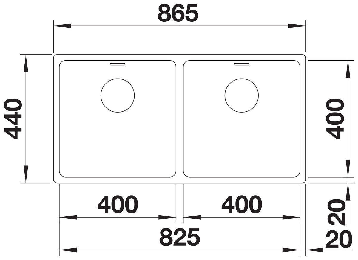 Blanco Andano 400/400-U Inox InFino – schéma technique : vue de dessus