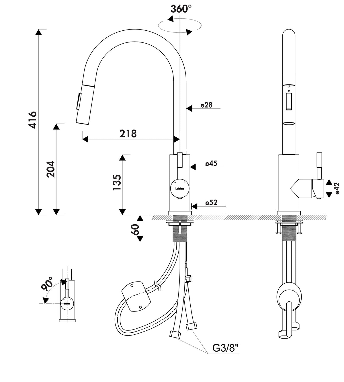 Schéma technique et dimensions du mitigeur Luisina RC045DO