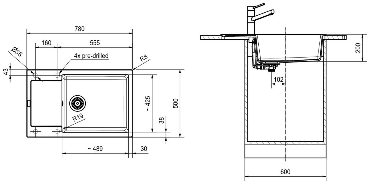 Franke Maris Fragranite MRG611-XLC – schéma technique : vue de dessus et coupe d'installation