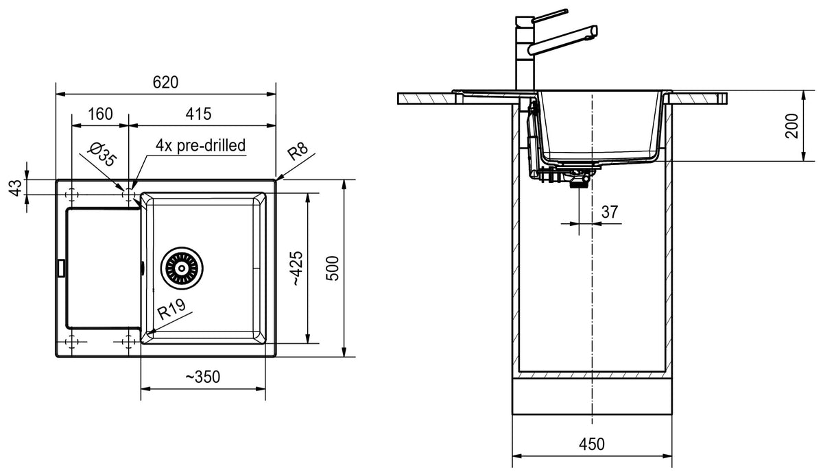 Franke Maris Fragranite MRG611-62 – schéma technique : vue de dessus et coupe d'installation