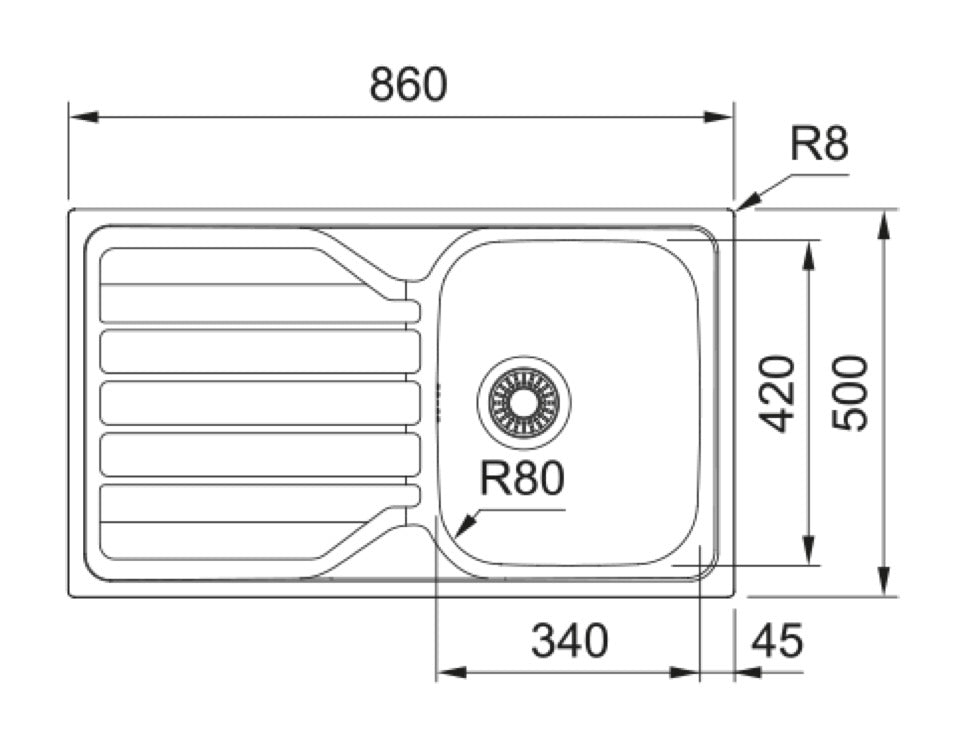 Franke Flash 611-86 Manu (Inox Lisse et Inox Dekor) – schéma technique