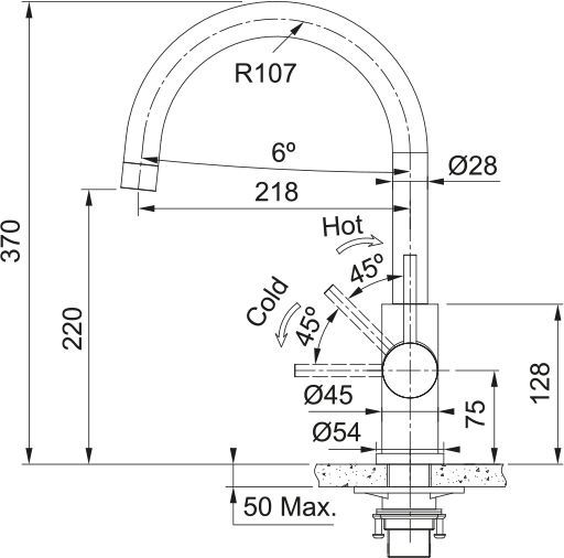 Franke Smart Glenda J Inox à bec - schéma technique