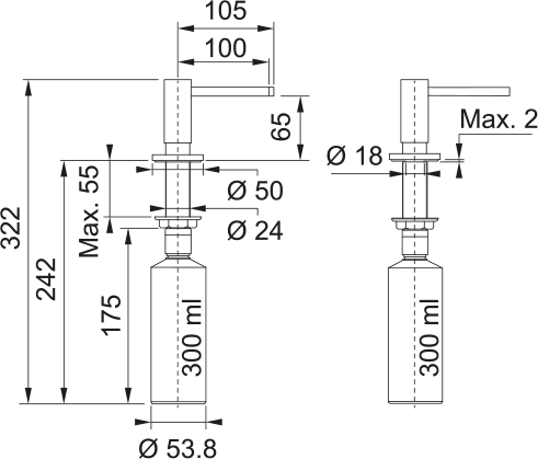 Distributeur de savon Franke Active — dessin technique et dimensions