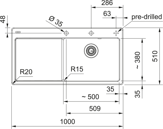 Franke Mythos X Fraceram MYK611-XL – schéma technique égouttoir à gauche