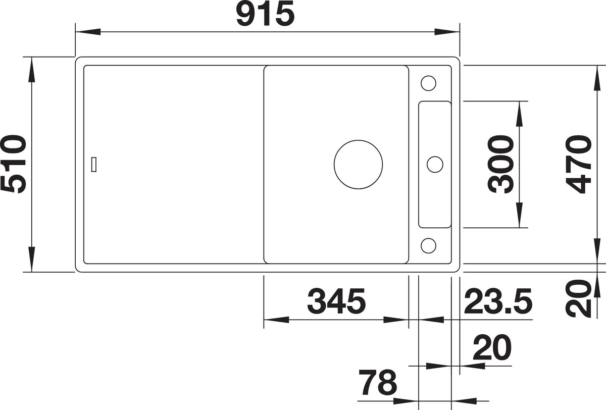 Blanco Axia III 5 S Silgranit avec planche en verre – schéma technique : vue de dessus