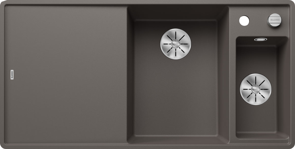 Blanco Axia III 6S-F Silgranit avec planche en verre – coloris Gris Volcan, égouttoir à gauche