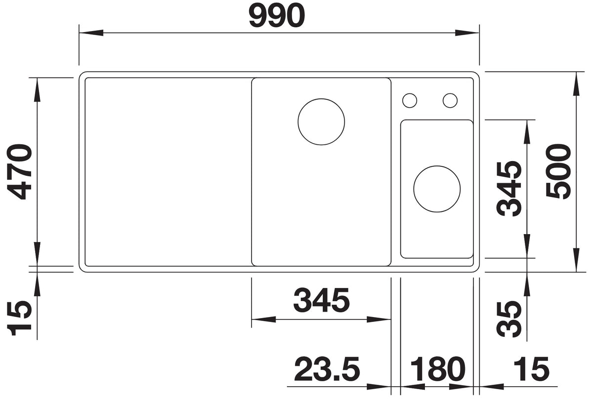 Blanco Axia III 6S-F Silgranit avec planche en verre – schéma technique : vue de dessus, égouttoir à gauche