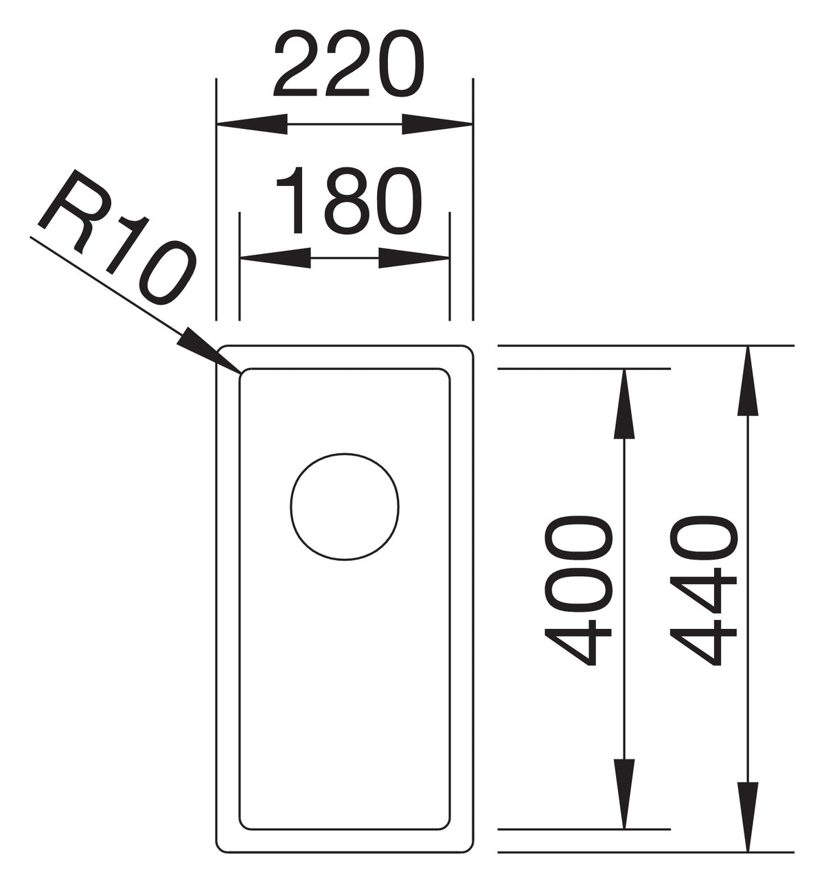 Schéma vue de dessus Blanco Claron 180-U, dimensions
