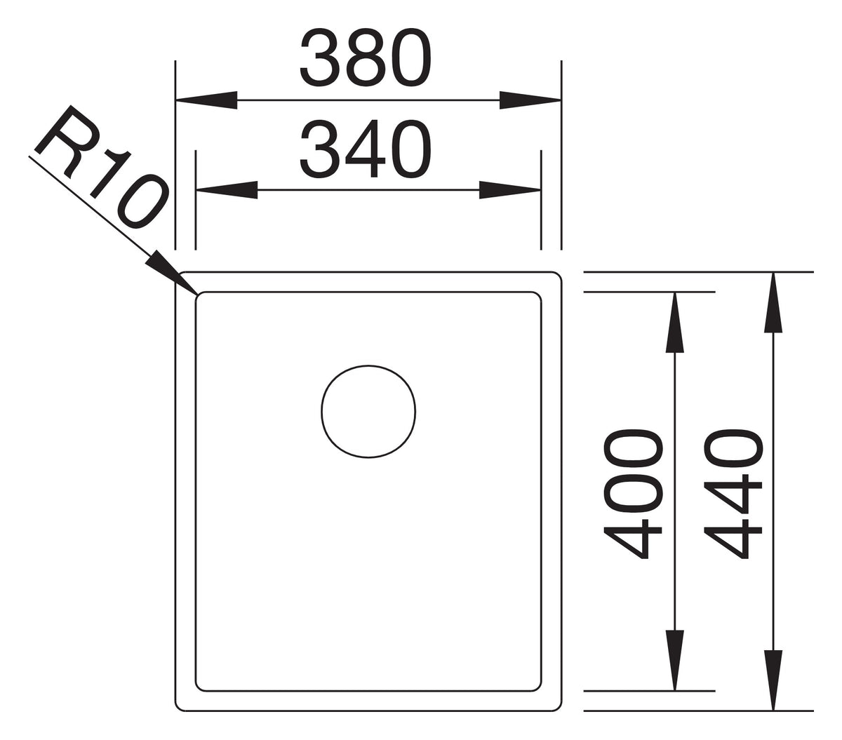 Schéma vue de dessus Blanco Claron 340-U Durinox, dimensions