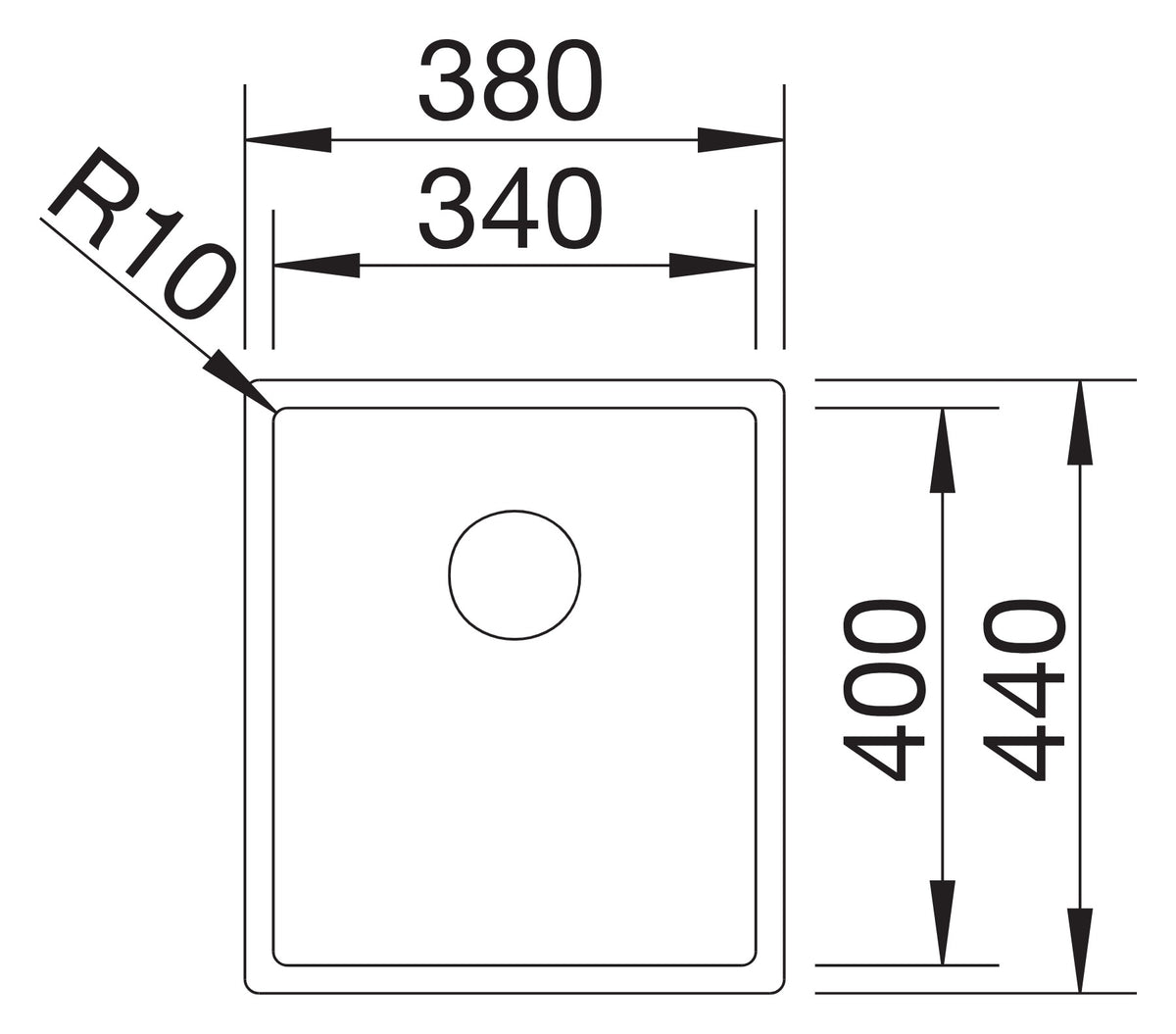 Schéma vue de dessus Blanco Claron 340-U, dimensions
