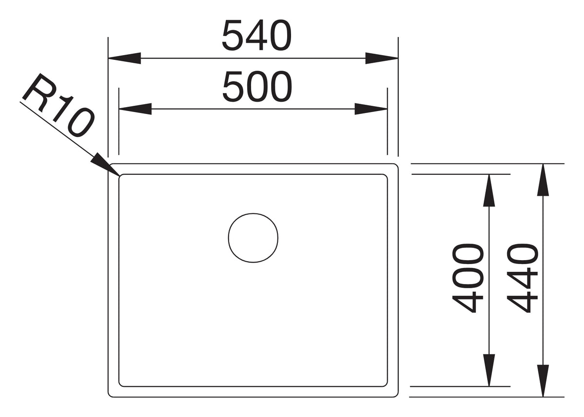 Schéma vue de dessus Blanco Claron 500-U, dimensions