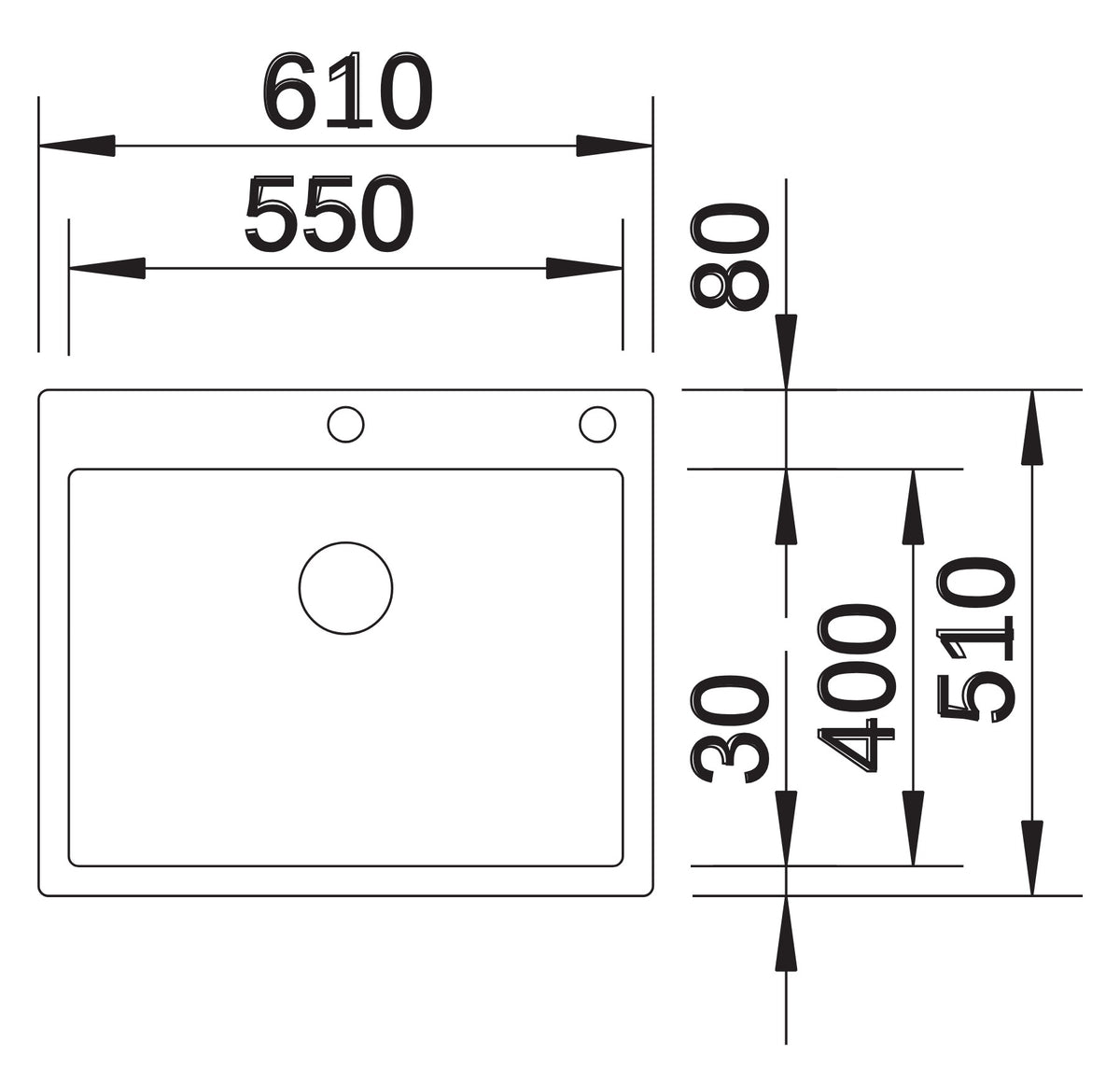 Schéma vue de dessus Blanco Claron 550-IF/A, dimensions