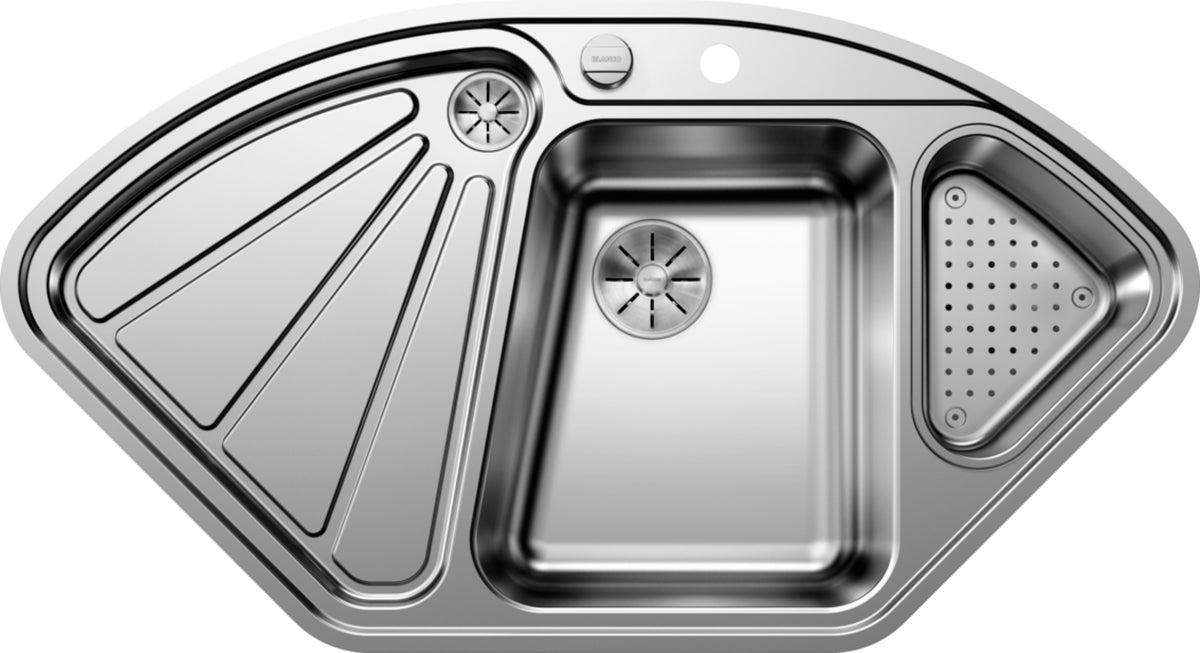 Évier d'angle Blanco Delta-IF Inox InFino, inox satiné avec vide-sauce et égouttoir à gauche