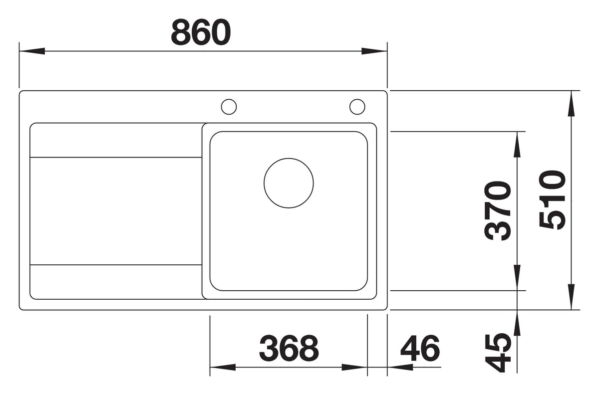 Schéma vue de dessus Blanco Divon II 45 S-IF, égouttoir à gauche, dimensions