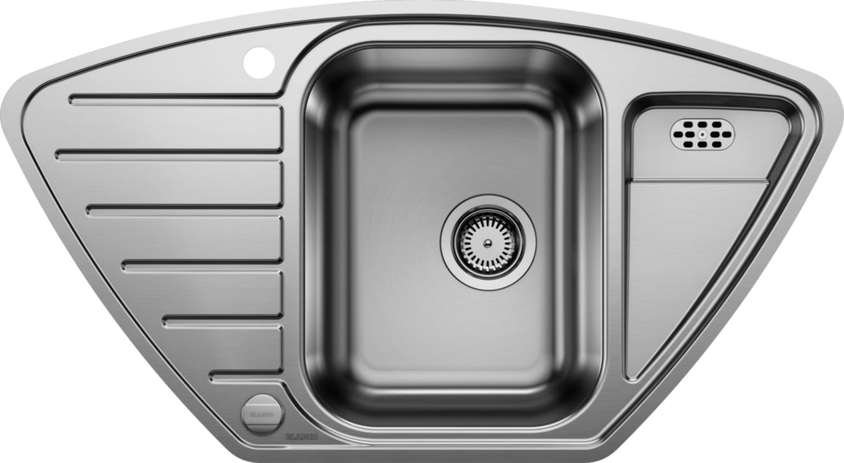 Évier d'angle Blanco Lantos 9 E-IF, inox brossé avec vide-sauce et égouttoir