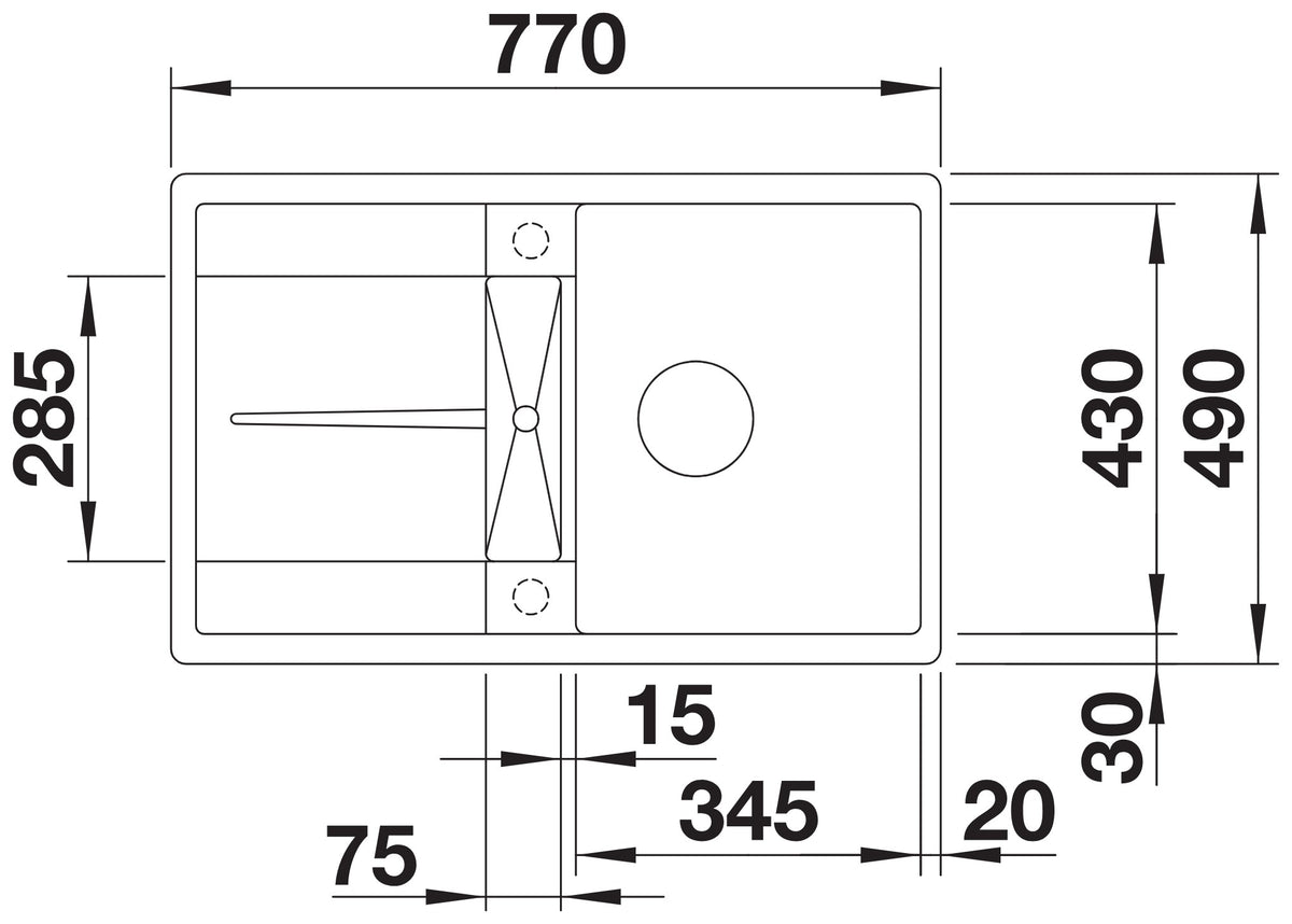 Blanco Metra 45S-F Silgranit – schéma technique : vue de dessus