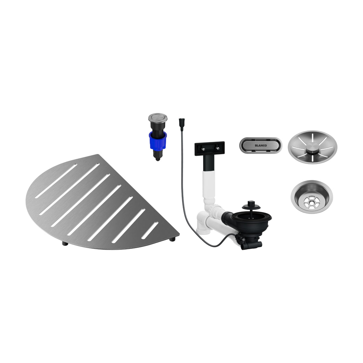 Ensemble de composants Blanco Oovalon inox brossé : grille TopGrid, trop-plein ovale, vidage InFino et commande PushControl (réf. 527993)