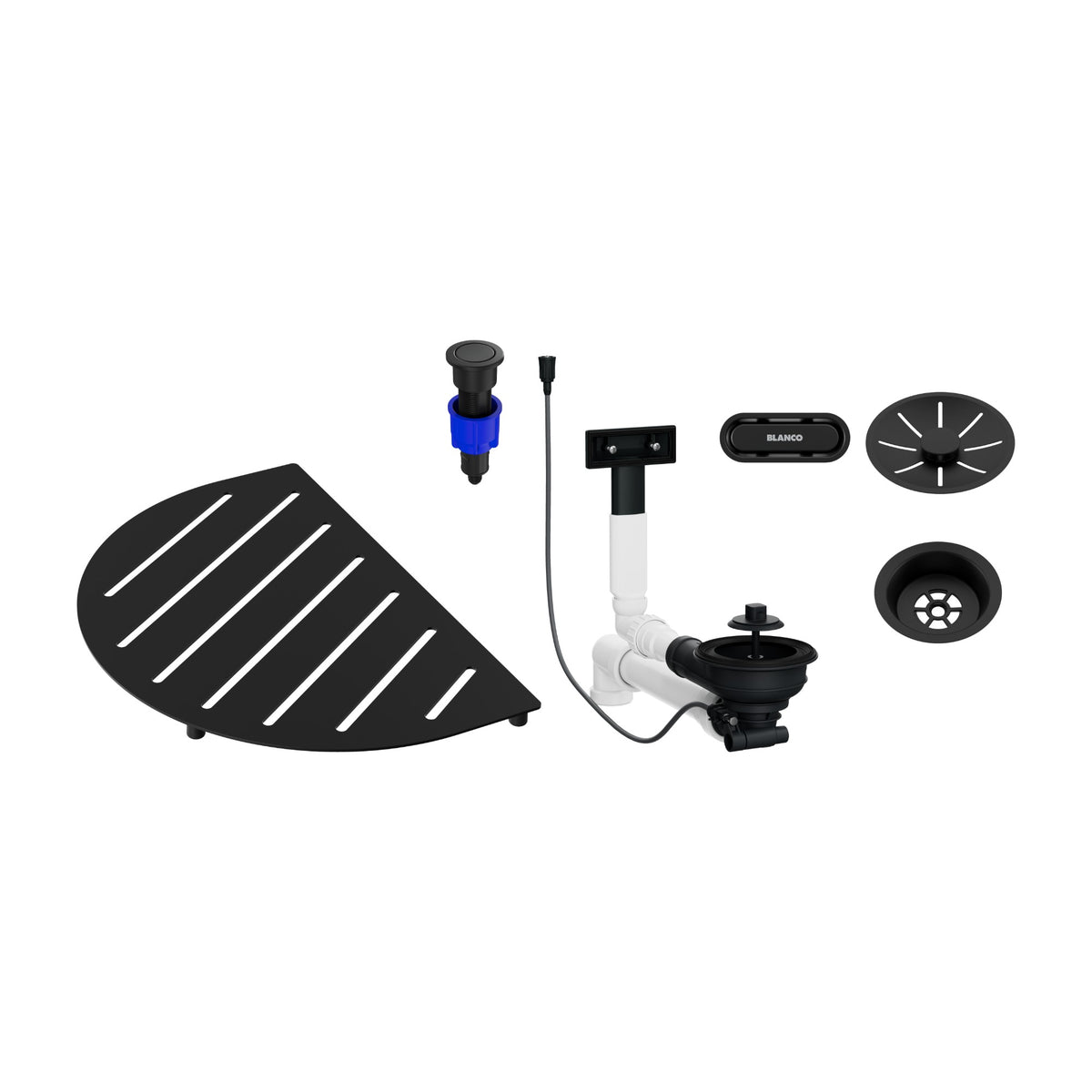 Ensemble de composants Blanco Oovalon noir mat : grille TopGrid, trop-plein ovale, vidage InFino et commande PushControl (réf. 527994)