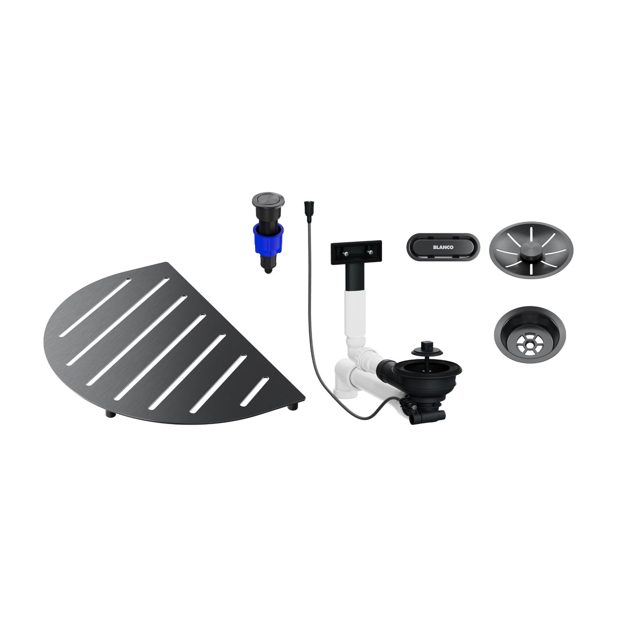 Ensemble de composants Blanco Oovalon satin Dark Steel : grille TopGrid, trop-plein ovale, vidage InFino et commande PushControl (réf. 527996)