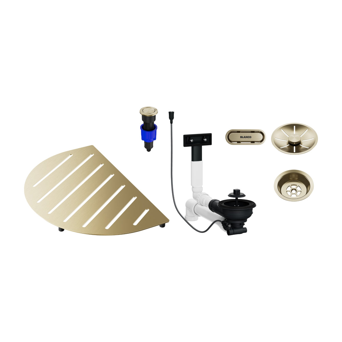 Ensemble de composants Blanco Oovalon satin Gold : grille TopGrid, trop-plein ovale, vidage InFino et commande PushControl (réf. 527995)
