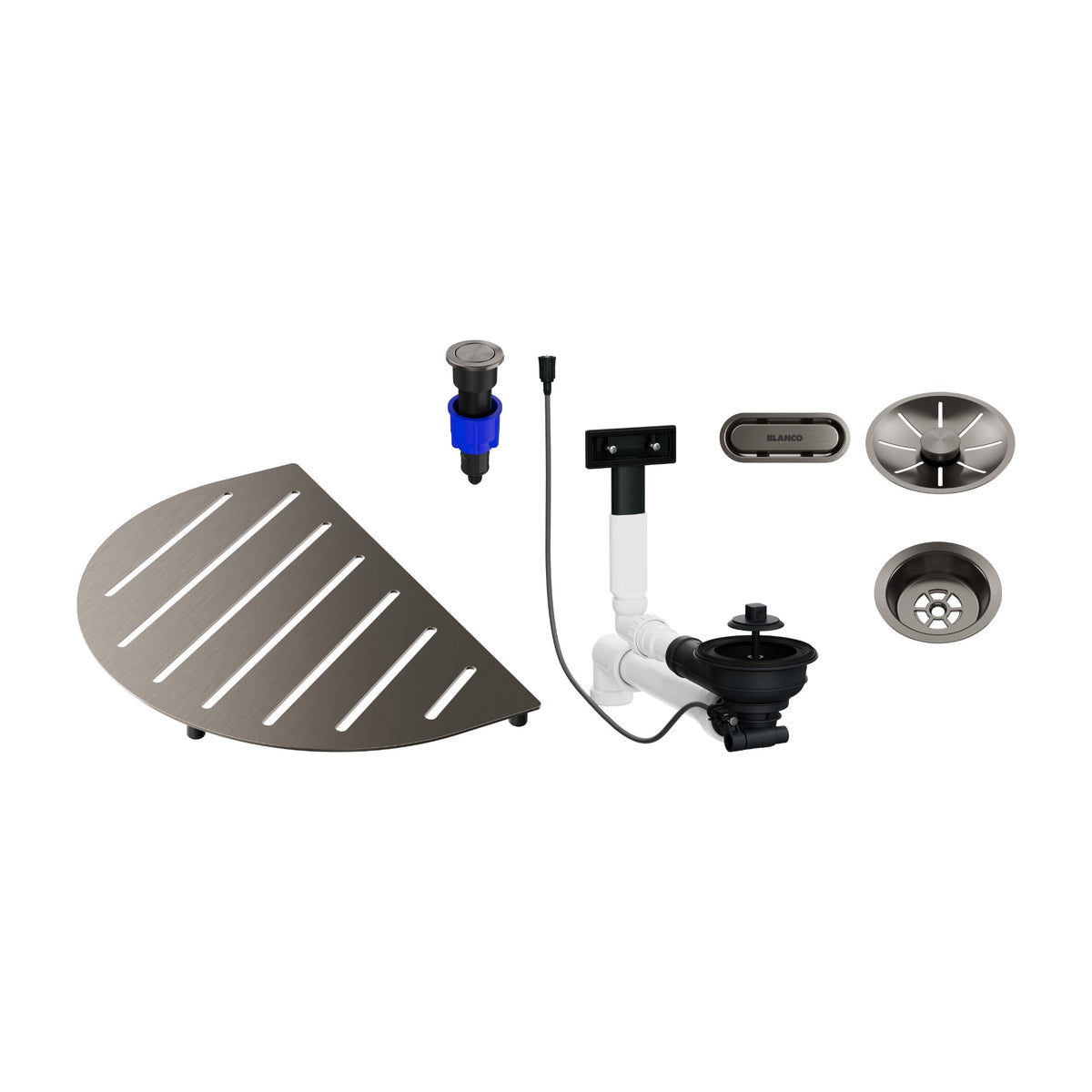 Ensemble de composants Blanco Oovalon satin Platinum : grille TopGrid, trop-plein ovale, vidage InFino et commande PushControl (réf. 527997)