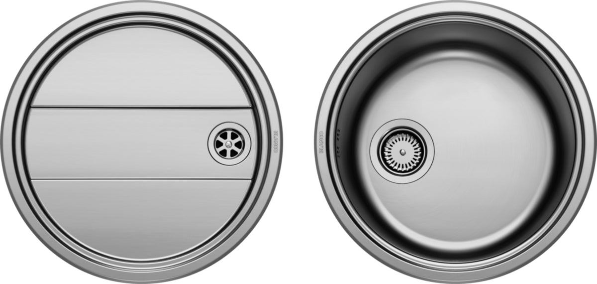 Évier Blanco Rondoset, inox brossé : cuve ronde et égouttoir rond séparé