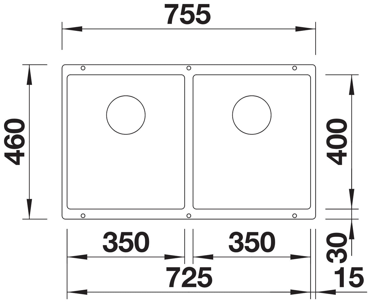 Blanco Subline 350/350-U Silgranit sans vidage – schéma technique : vue de dessus