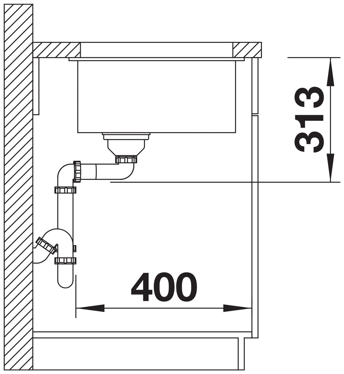 Blanco Subline 400-U Silgranit sans vidage – coupe d'installation