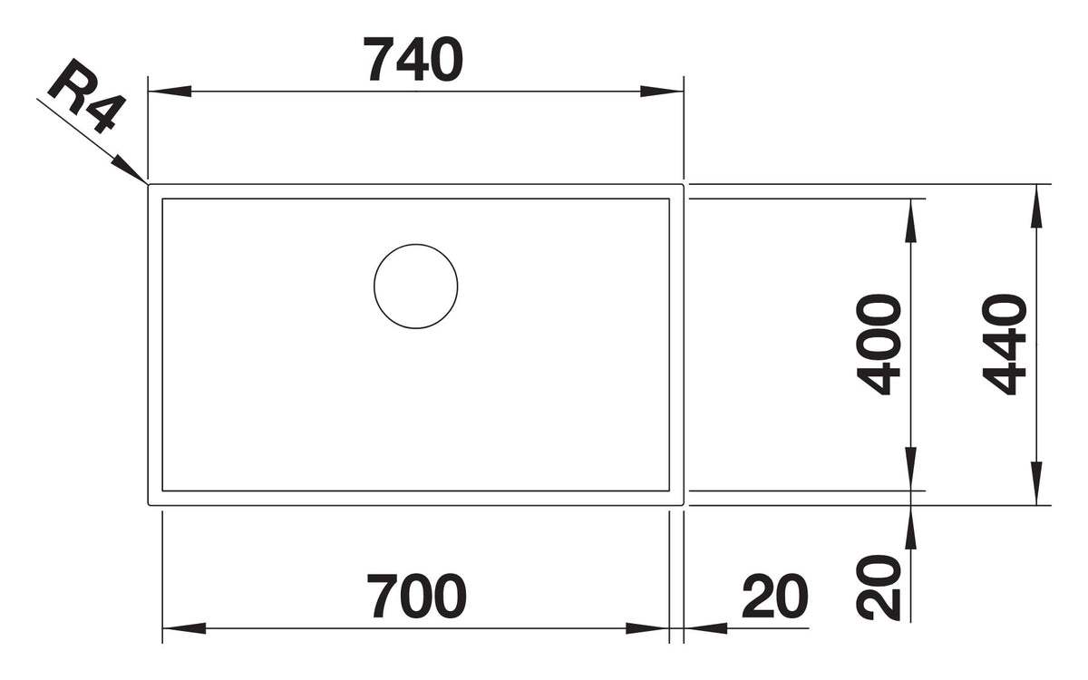 Schéma vue de dessus Cuve Blanco Zerox 700-U Durinox Dark Steel, dimensions 740 x 440 mm