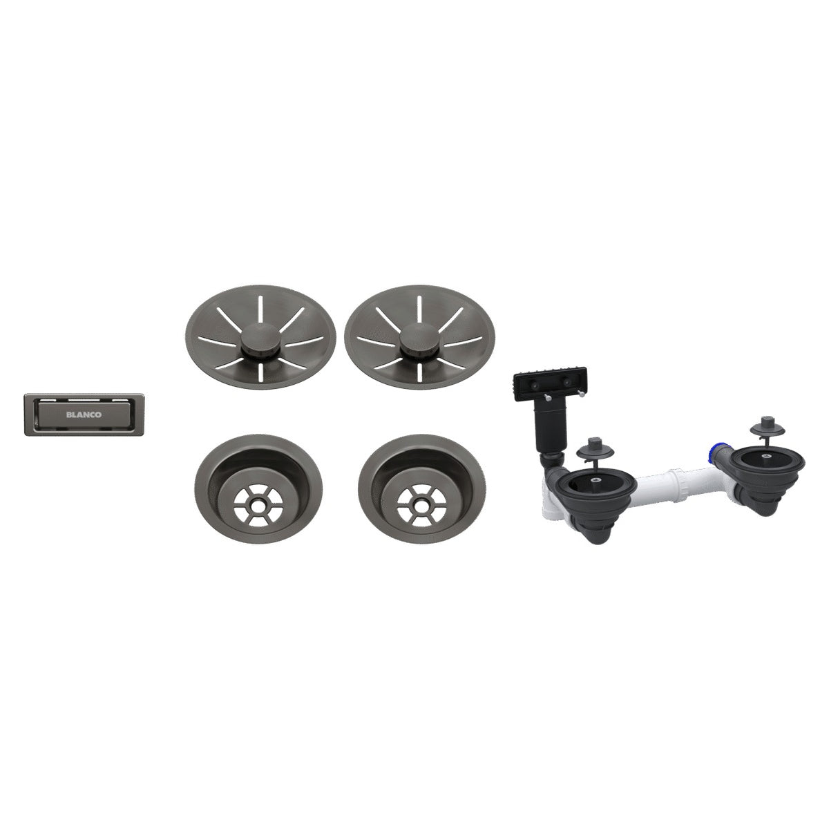 Set de bondes Blanco InFino satin Dark Steel pour cuve double, vidage manuel (réf. 207440)