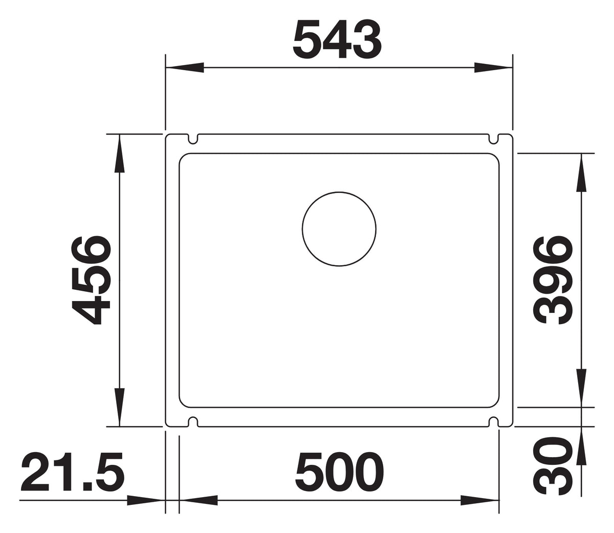 Blanco Subline 500-U Céramique Blanc Cristal – schéma technique : vue de dessus