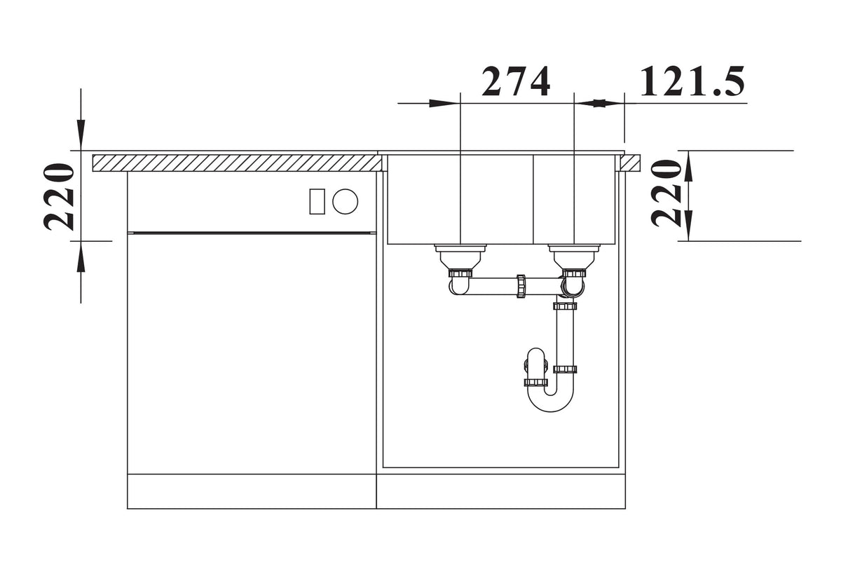 Blanco Villae Double Céramique Blanc Cristal – schéma technique : vue de face, installation sur sous-meuble