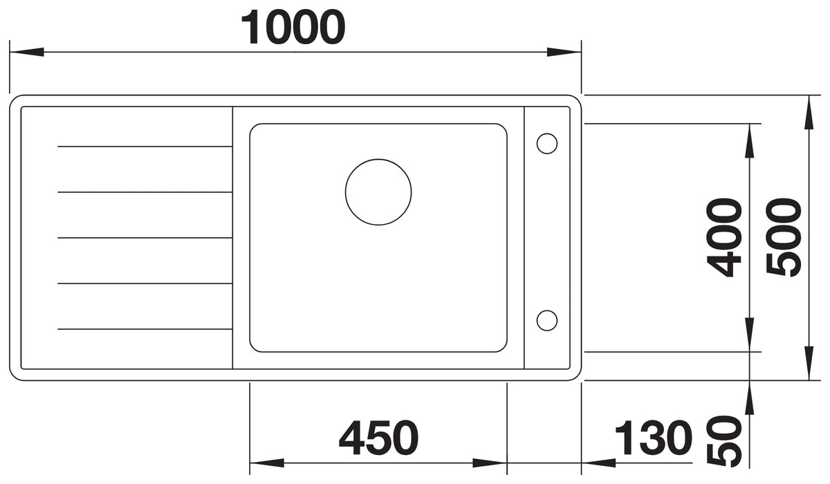 Schéma vue de dessus et dimensions de l'évier Blanco Andano XL 6S-IF, égouttoir à gauche